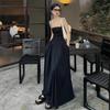 Women's French Hepburn-Style Black Summer Suspender Dress: Elegant and Breezy for Seaside Vacations