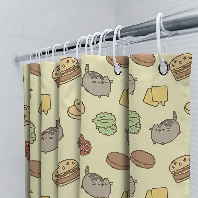 Adorable  Cat Burger Shower Curtain Waterproof Decor Kids Adults Easy Clean Home Travel Suitable for Wet and Dry Separation