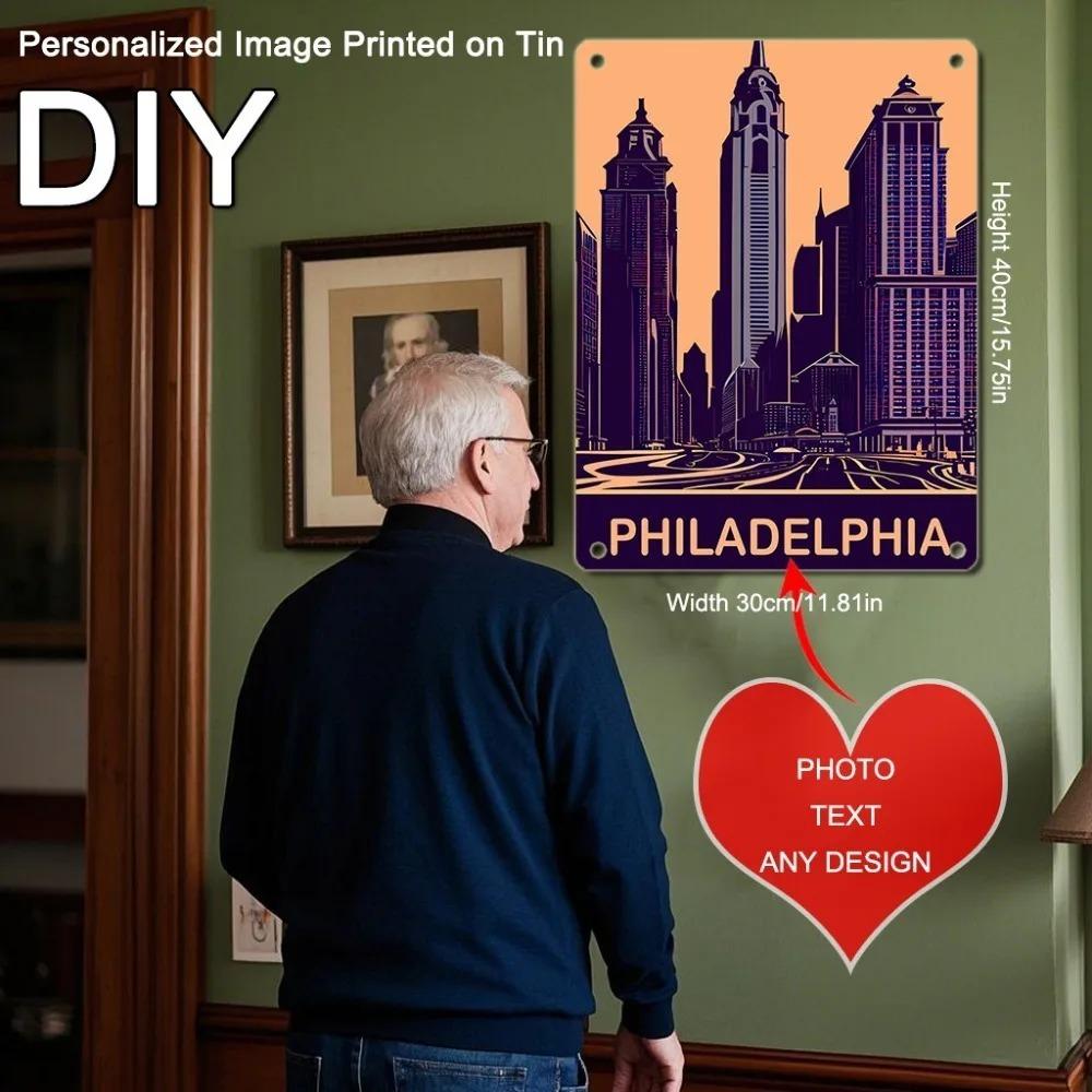 Vintage Philadelphia Skyline Metal Tin Wall Art, Indoor Outdoor Flat Plaque, Cafe Bar Office Gift