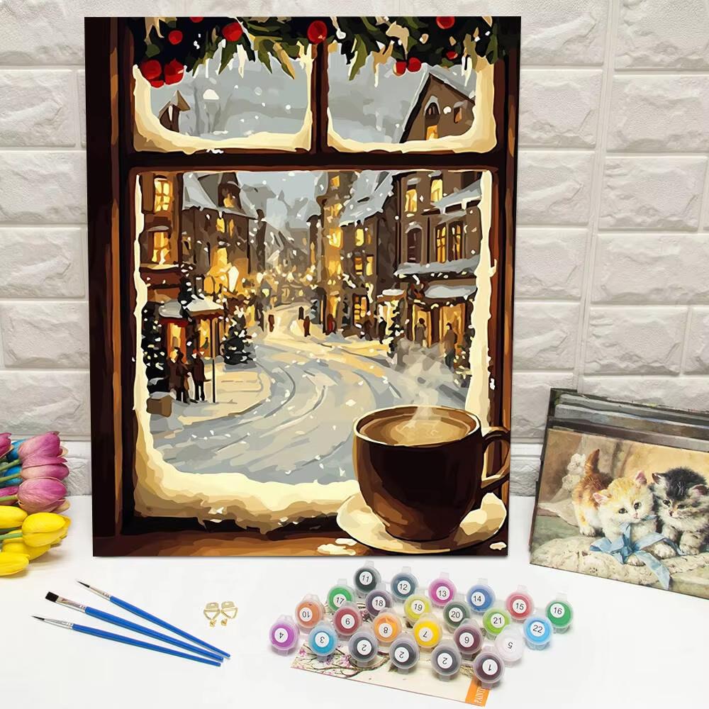DIY Painting By Numbers On Canvas Window Coffee House Digital Oil Painting Winter Scenery Drawing On Canvas Kits Christmas Gift