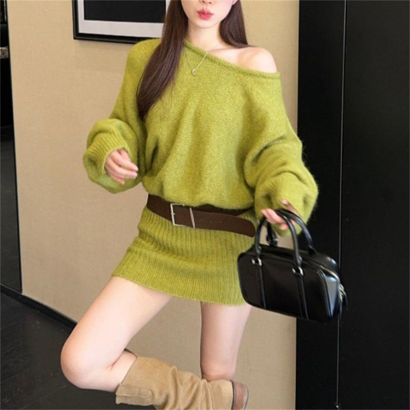 With belt slanted shoulder long sleeve knitted dress women's autumn and winter new fashion pure desire wind waist sweater hip skirt women