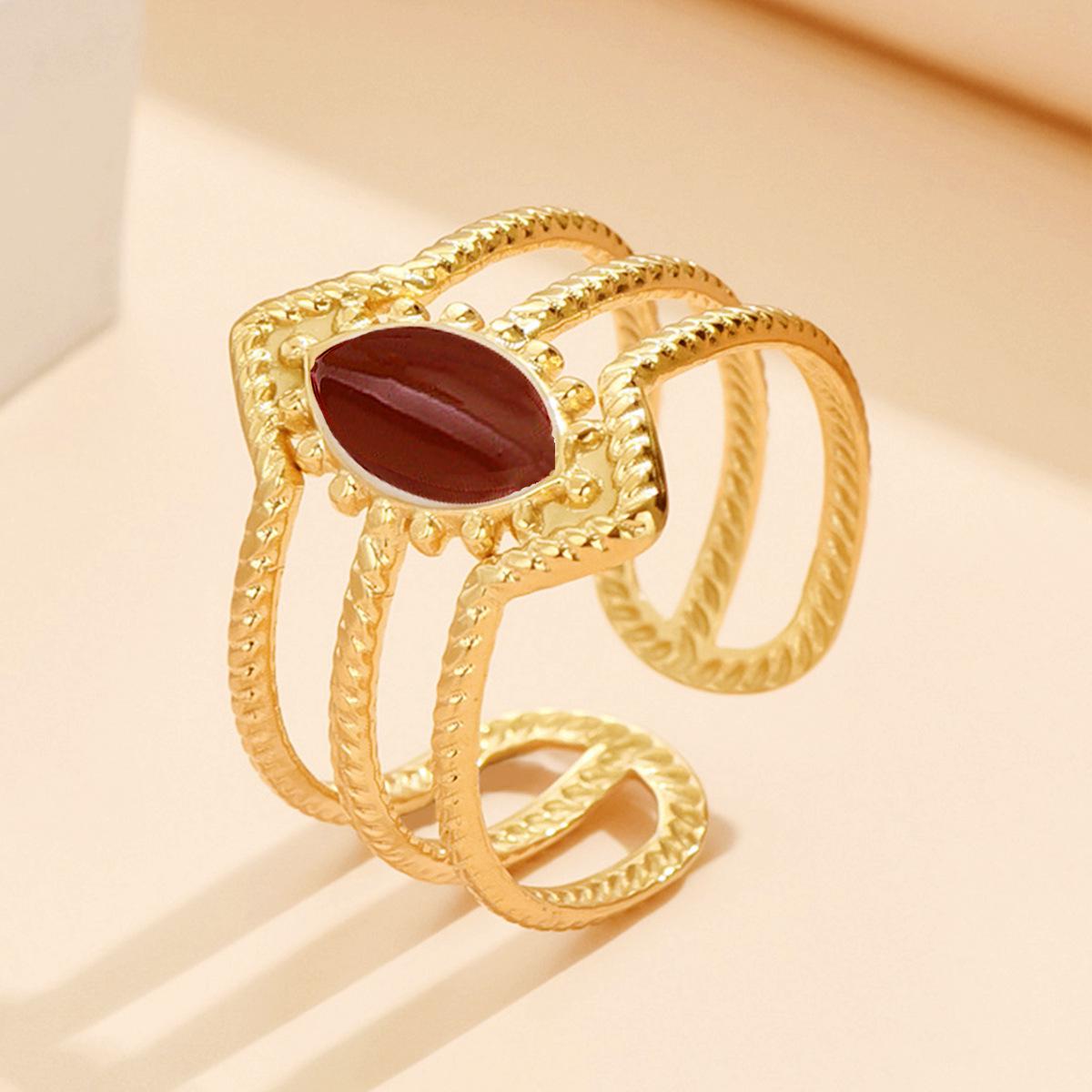 French Retro Geometric Rhombus Drip Glaze Adjustable Stainless Steel Ring
