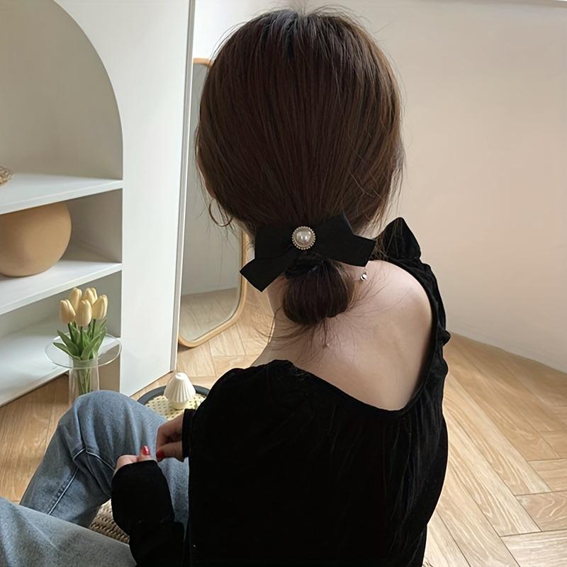 Elegant Scrunchie Black Elegant Minimalist French Bow Hair Scrunchie Imitation Pearl Solid Color Hair Rope, Vintage Style Hair Tie Accessory