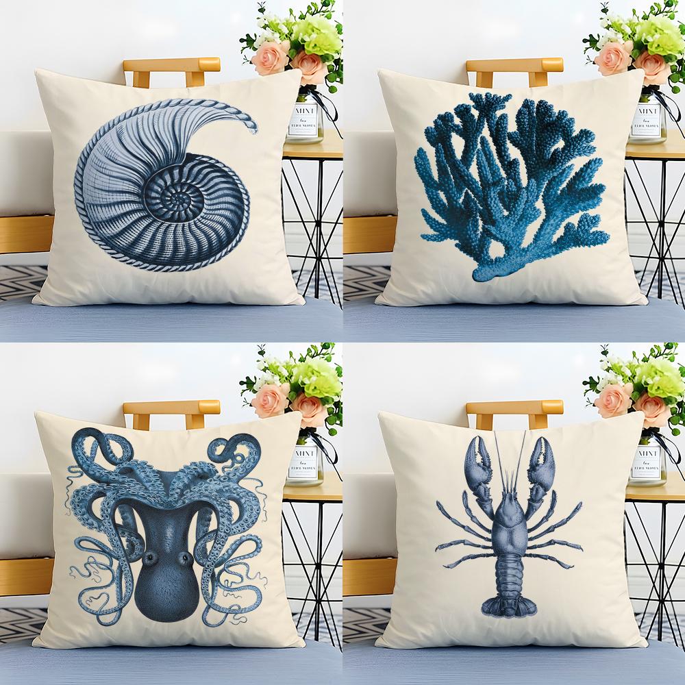 Cozy Fashion Blue Sea Creature Coral Shrimp Cushion Cover Linen Pillowcase Soft For Sofa Bed Home Room Decor