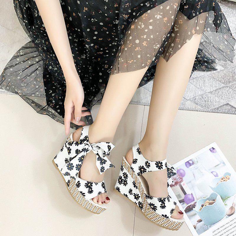 Sandals for Women Strappy Print Wedges Heel Bow Woman Shoes 2025 Luxury High Quality Anti Slip Hot Trending Comfort Vintage Pvc