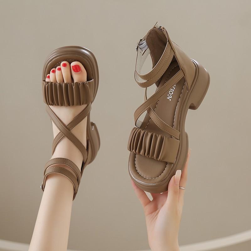 2025 Sandals All-Match Increasing Height Strappy Heels Breathable Suit Female Beige Shallow Mouth New Comf