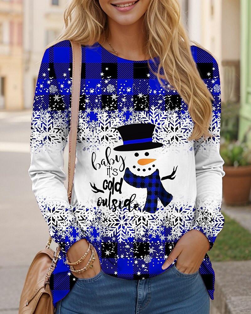 Christmas Snowman Pattern Women Fashion T-Shirts Autumn Winter Long Sleeve 3d Print Plaid Street Christmas Ladies Tee