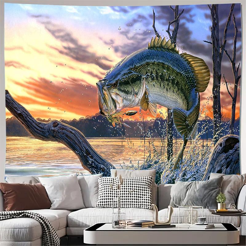 Largemouth Bass Fishing Sunset Lake Wall Tapestry Machine Washable All Season Decor Art Print Nature Wildlife Design Home