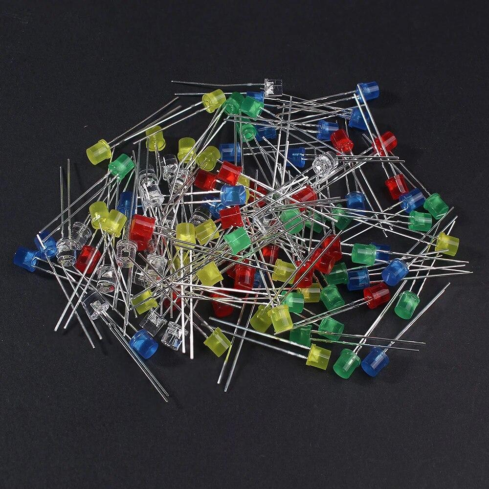 100PCS 5MM LED Lighting LEDs Kit Red Yellow Blue Green White LED Diode Assortment Package F5 Flat Led Lights Diodes Set