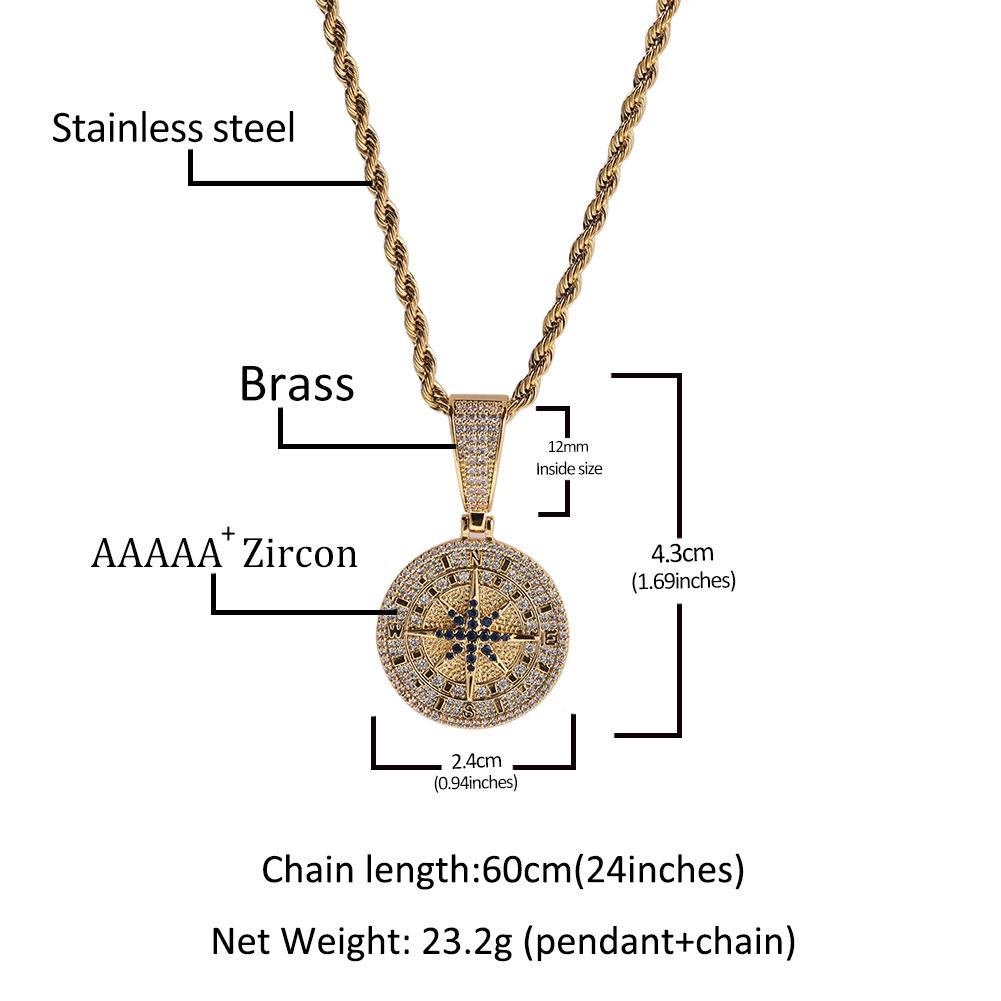 Hip Hop Diamond Gold Compass Pendant Necklace Personalized Retro Copper Pendant Creative Jewelry