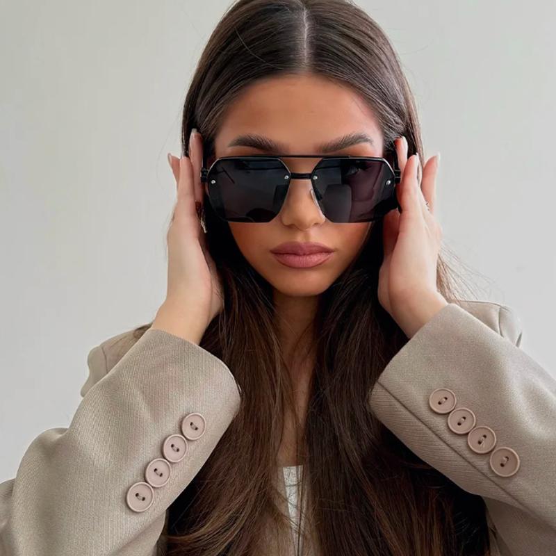 3pcs Square Metal Half Frame Sunglasses Rice Nails Double Beams Gradient Lens Casual Trend Eyewear
