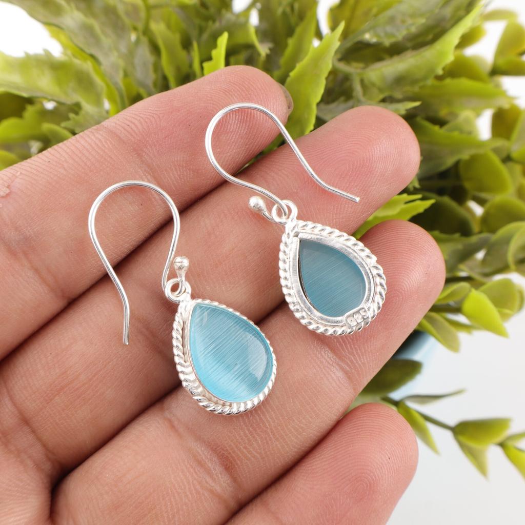 Genuine Blue Cat's Eye Gemstone 925 Solid Silver Jewelry Handmade Earrings 1.40" EE-9-42