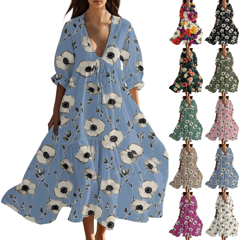 Women's Summer Fashion V-neck Retro Floral Print Short Sleeved Beach Dress With Lace Patchwork Dress