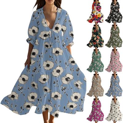 Damen Sommer Mode V-Ausschnitt Retro Blumenmuster Kurzarm Strandkleid Mit Spitze Patchwork Kleid