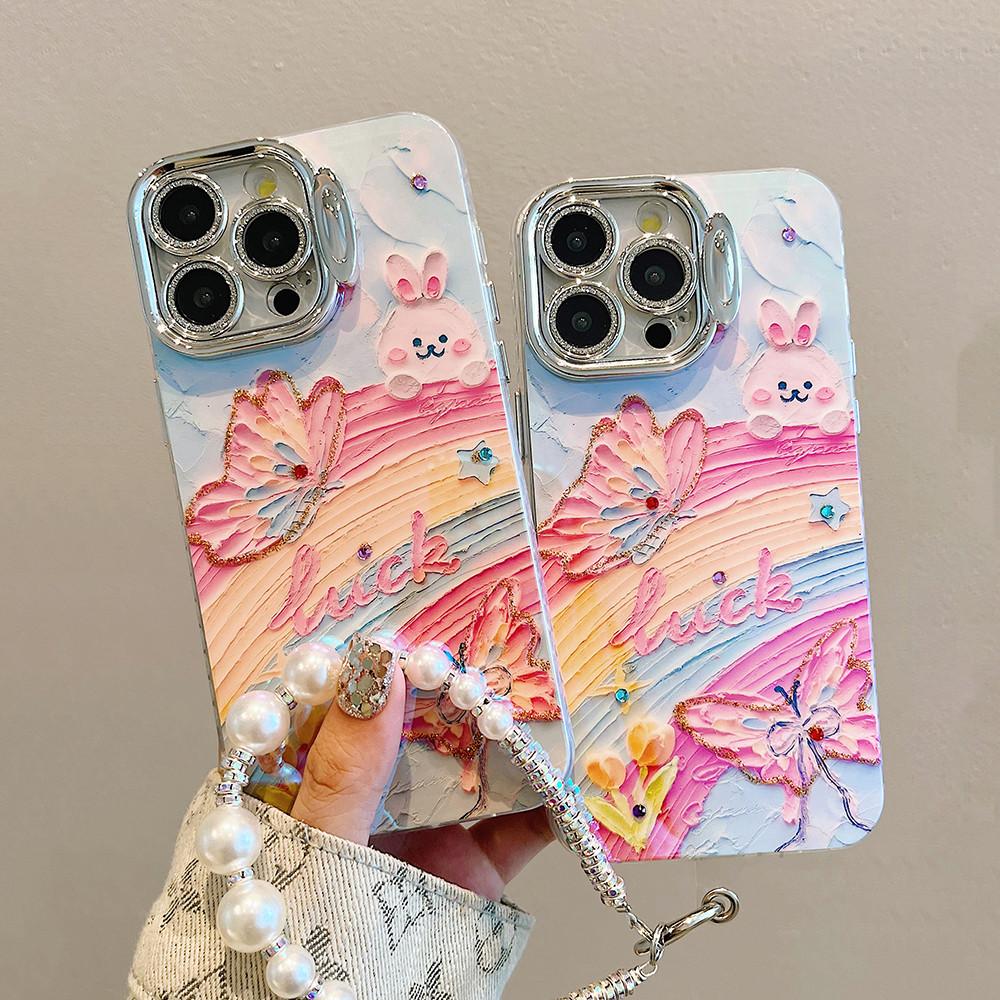 Phone Case For iPhone 11 12 13 14 Pro Max 14 15 Plus 12pro fashion Butterfly Rainbow Bunnies Pattern Invisible lens bracket protective film Back Cover