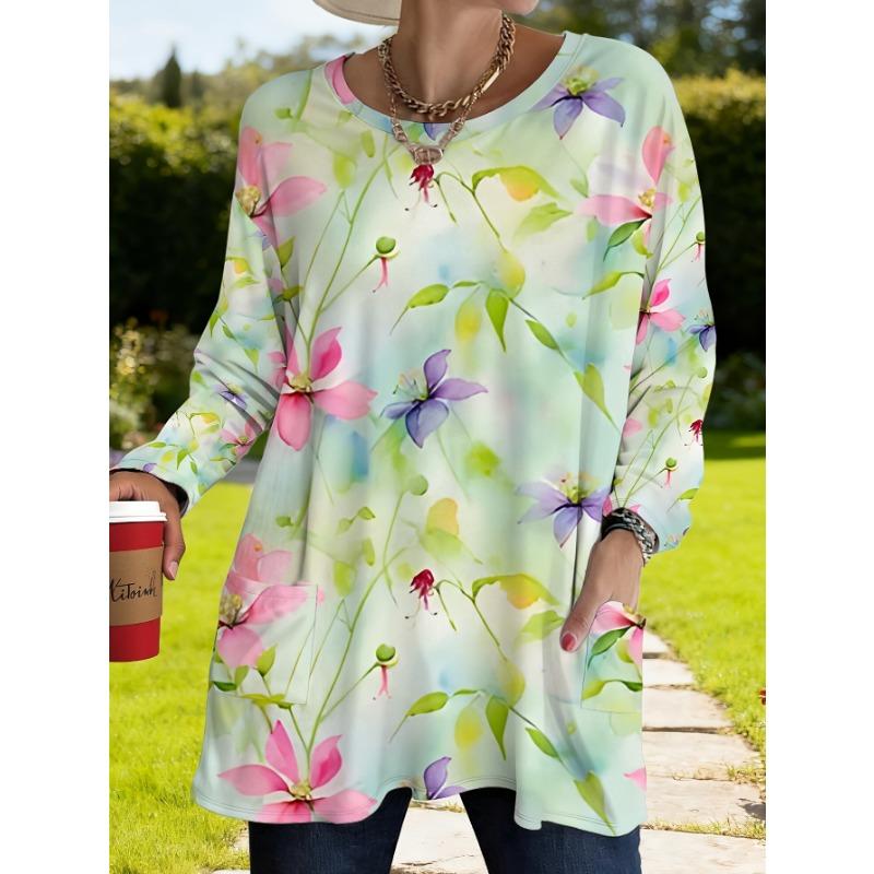 Women s plus size with pocket design spring new printed loose long-sleeved T-shirt women s watercolor floral design casual top S