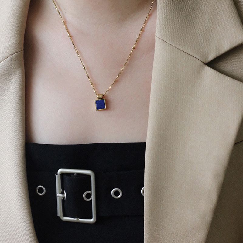 Deep Blue Square Lapis Lazuli Square Necklace Gold Tone Fine Chain Low MOQ Women Minimalist Jewelry Sourcing