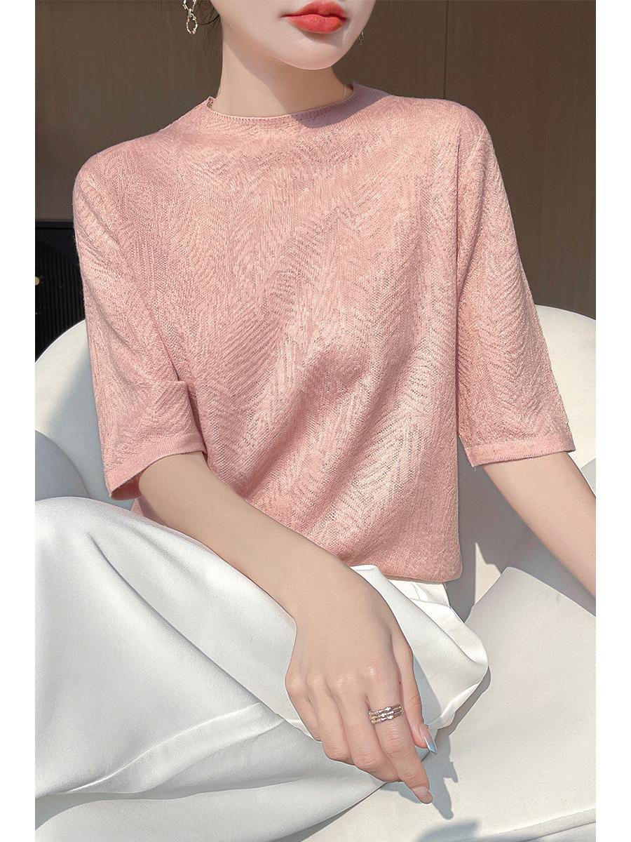

Women s Summer Elegance: 2025 Five-Sleeve Round Neck Knit Top Extra Large розовый
