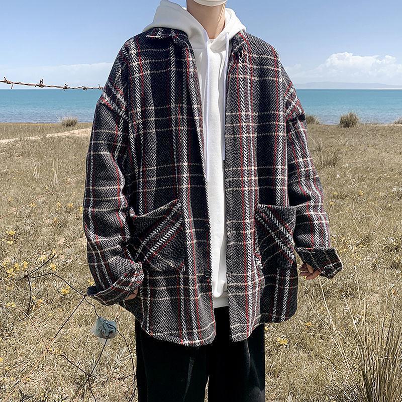 Fashionable Vintage Plaid Loose Wool Men's Clothing Korean Turn-down Collar  Autumn Winter Long Sleeve Casual Pockets Blends