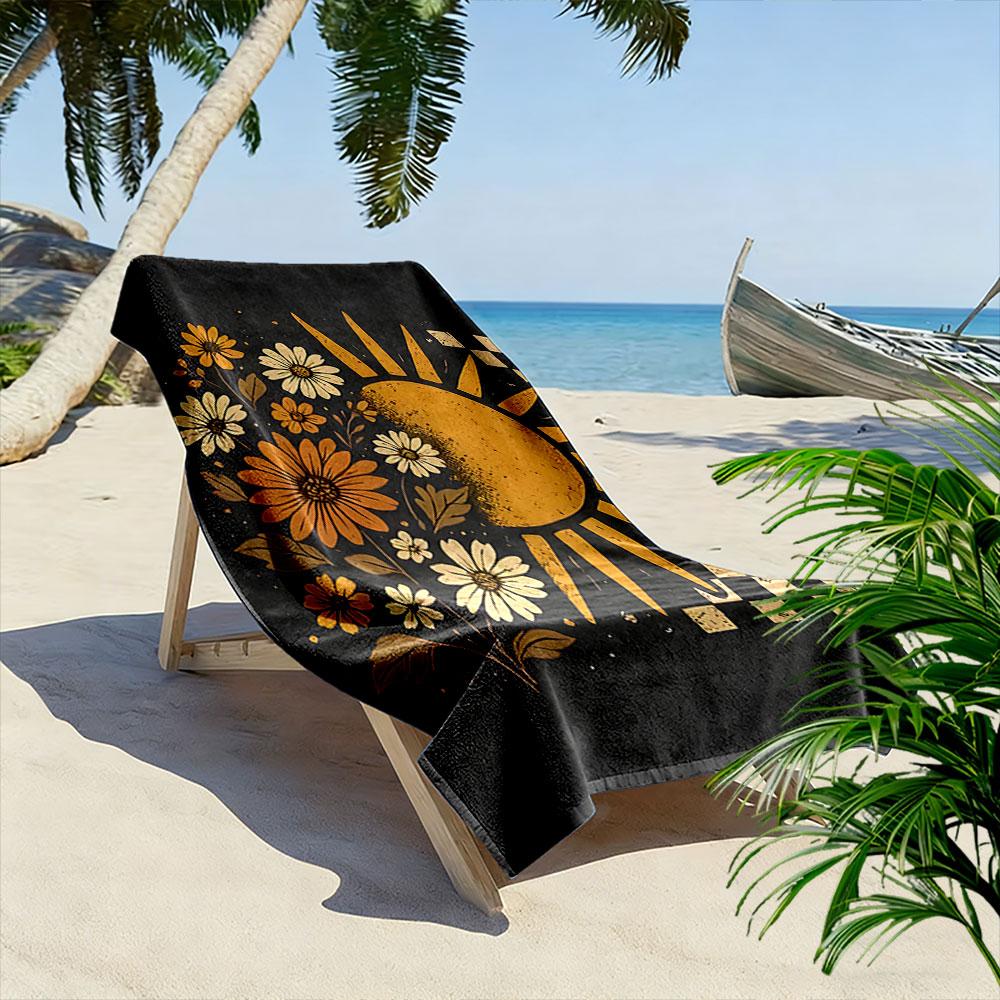 Golden Sun Meets Blossoms Print Beach Towel, Quick Drying, Suitable for Travel, Outdoor Sports, Jogging, the Beach and Swimming, Gift