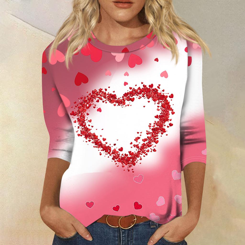 Women's Fashion Casual Round Neck 3/4 Sleeve Loose  Printed T-Shirt Ladies Top