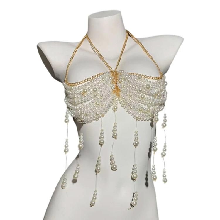 Stylish Women s Imitation Pearls Fringe Body Chain Halter Neck Elegant Vest Beaded Tassels Chest Chain Crop Top бежевый