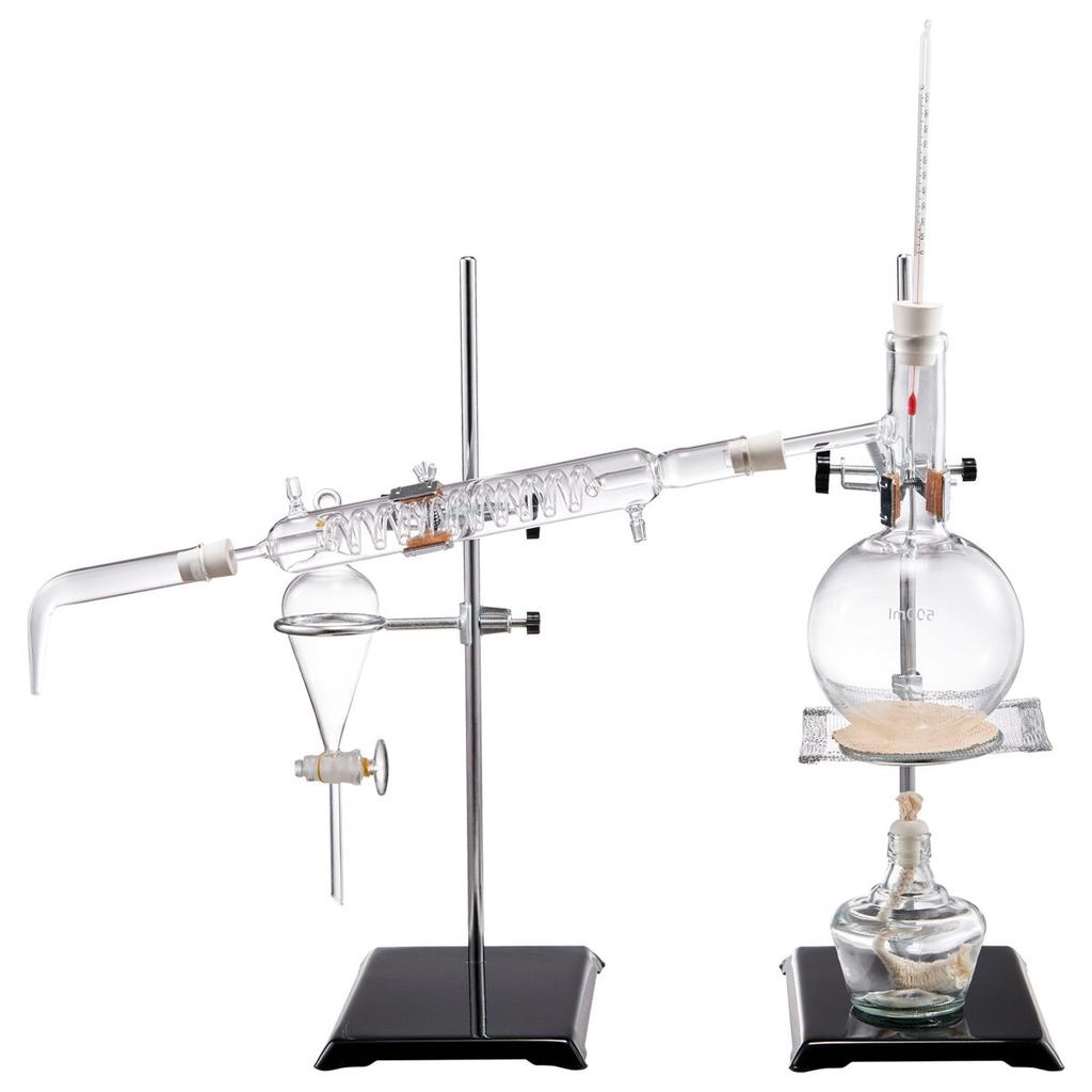 Essential Oil Distillation Kit, 500ml Distillation Apparatus, 3.3 Boro Lab Glassware Distillation Kit with Alcohol Lamp, Ceramic Mesh and 24, 40