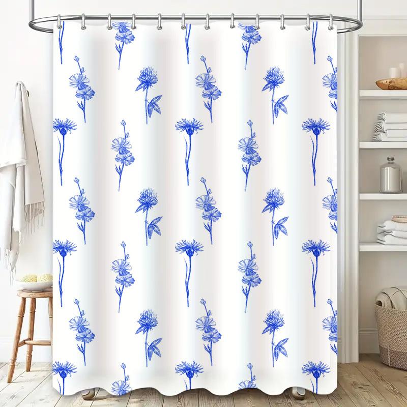 Vintage Blue Flower Printed Shower Curtain Waterproof Bathroom Decor Waterproof Backsplash Polyester Customizable Size Selection