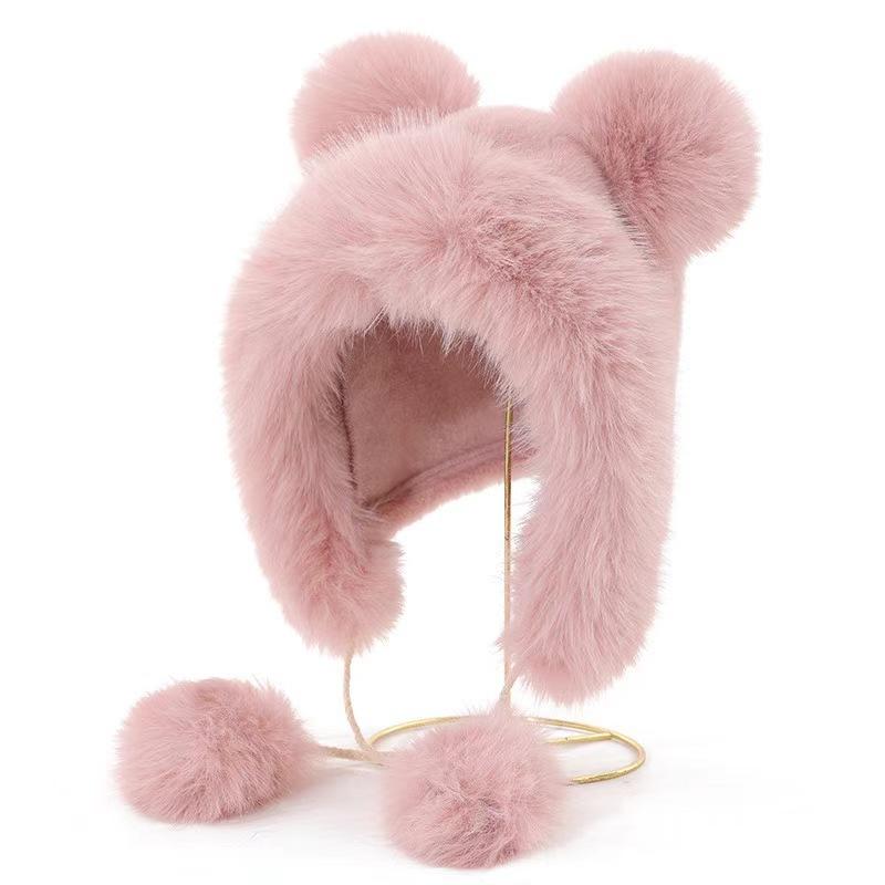 1Pcs Thicken And Warm Ear Protection Wind And Snow Hat Plush Little Bear Lei Feng Hat Winter New Women'S Plush Cute Bear Ear Hat