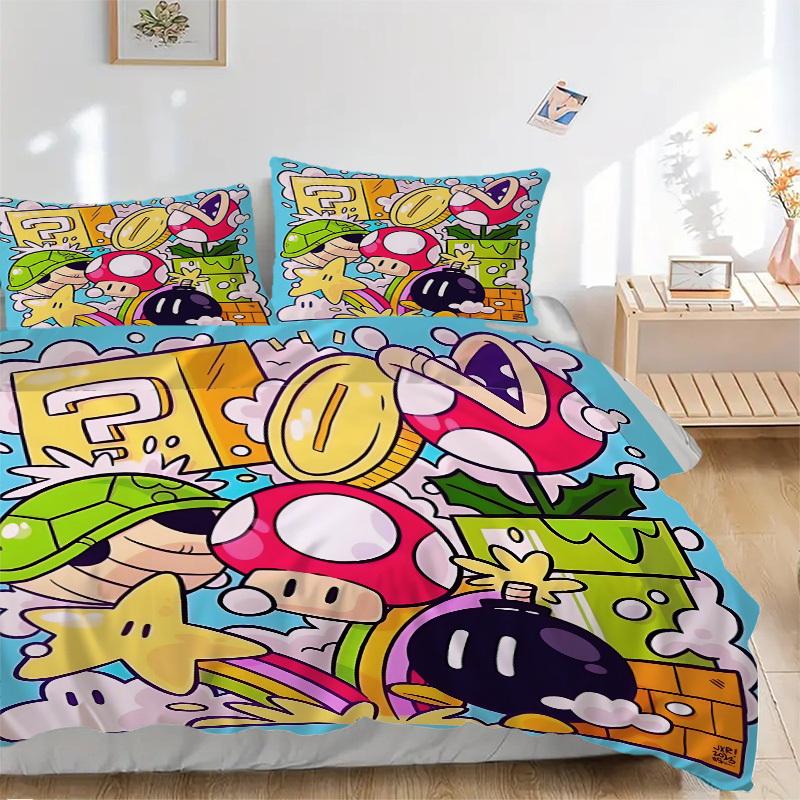3pcs bedding set Mario Adventure Includes 1 Comforter + 2 Pillowcases, Without Pillow Inserts, Soft Comfortable, Lightweight Breathable, Pri