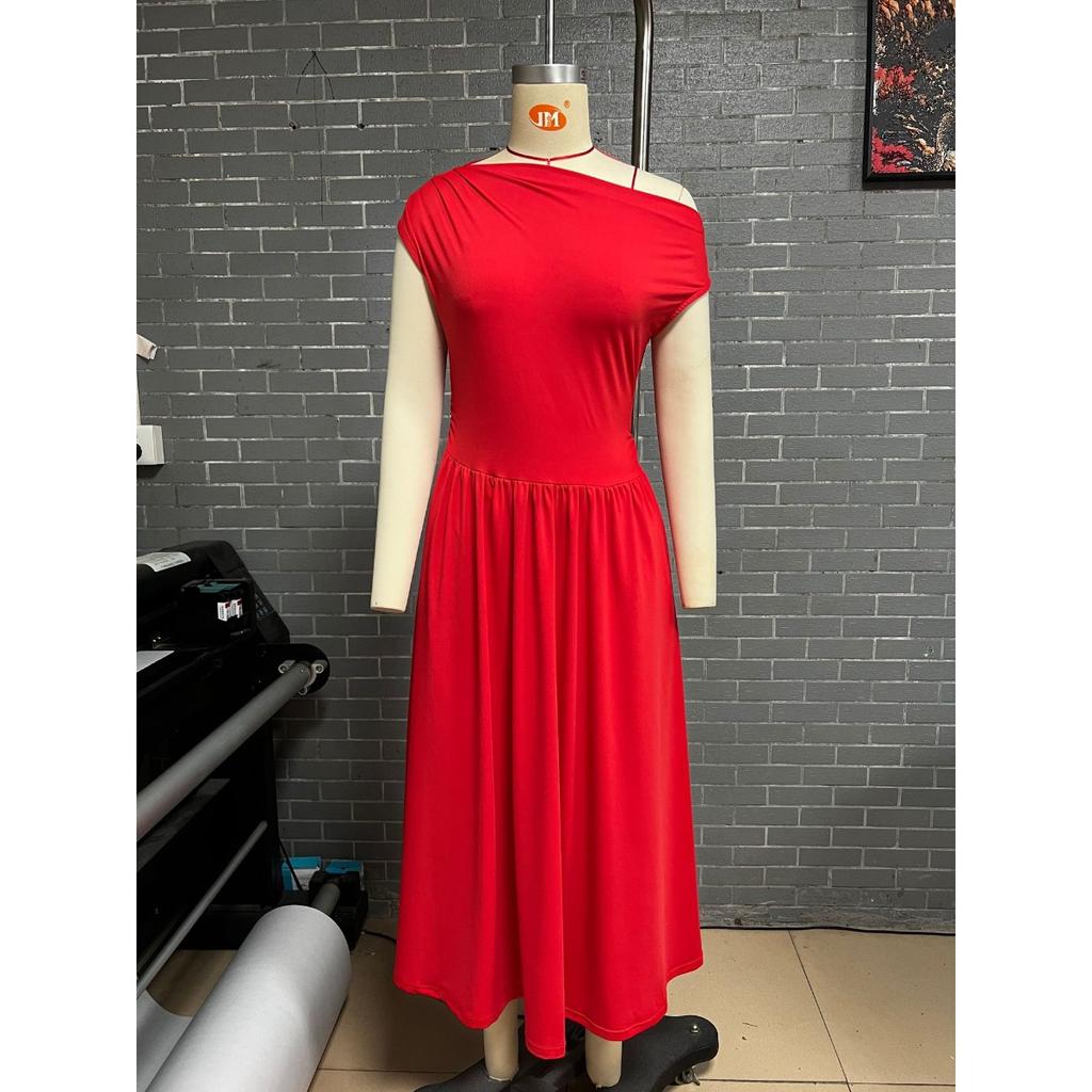 Women's Asymmetric Neck Sleeveless Maxi Dress Slim Fit Elastic Waist Casual Pocket Long Dress