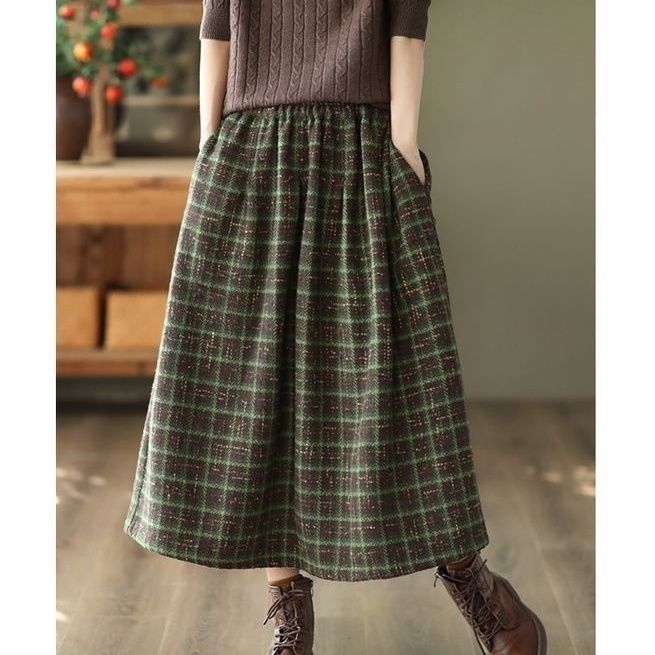 Spring Autumn Vintage Plaid Midi Skirts Women Baggy High Waist A-line Thicker French Style Pockets Mujer Bottoms Fashion Elegant