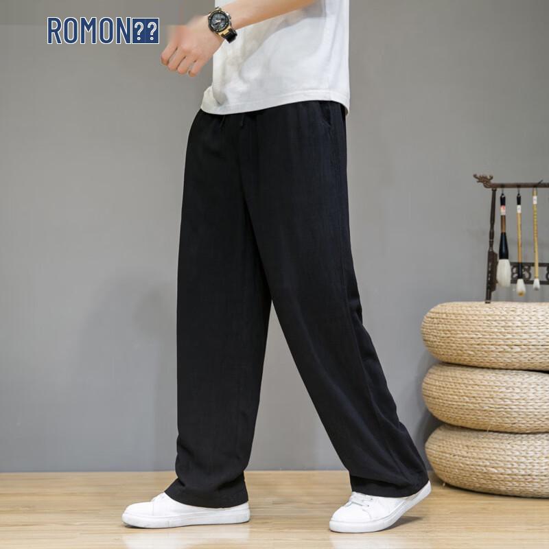 ROMON Men's Chinese Style Linen Blend Casual Straight-Leg Pants