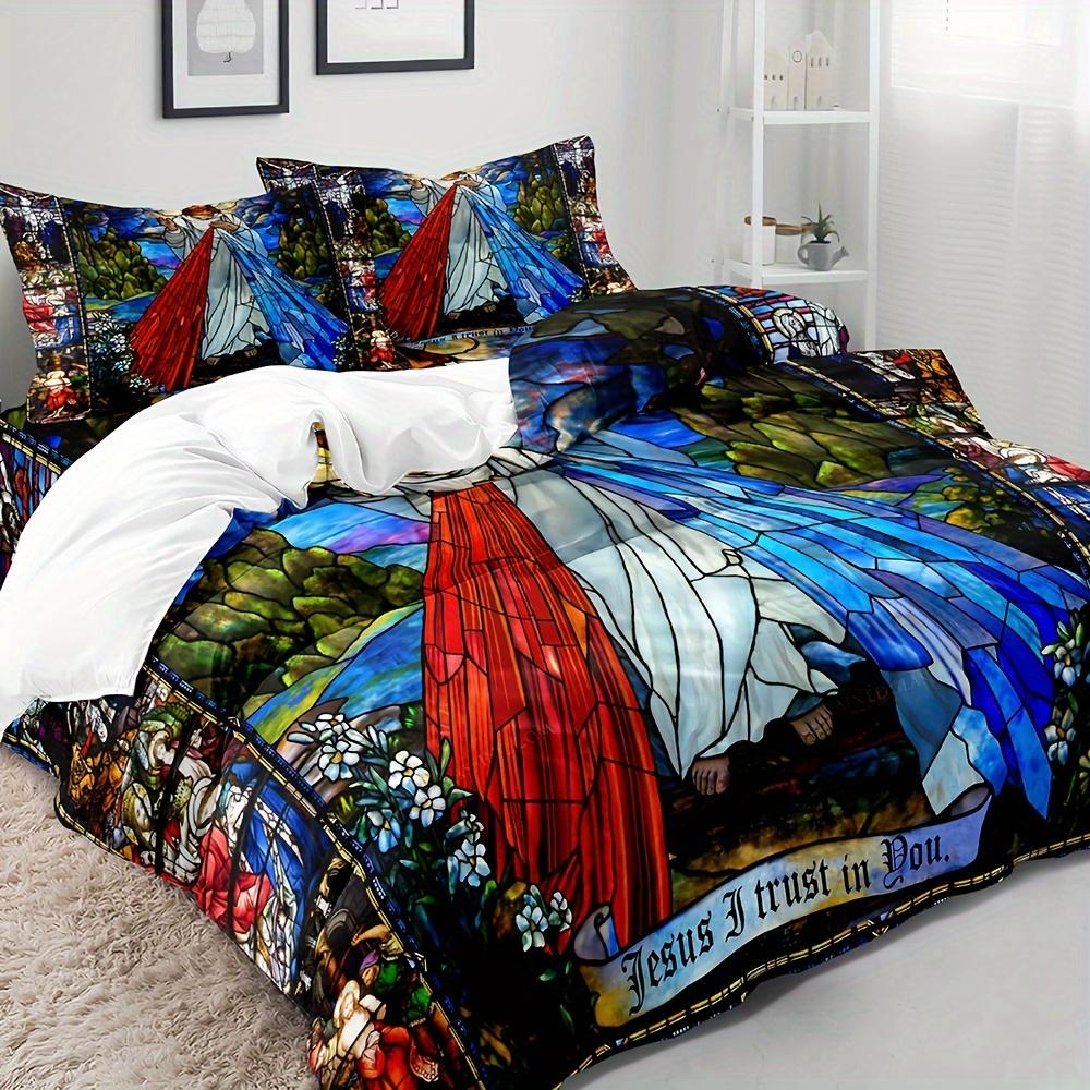 

2/3Pcs Duvet Cover Set Soft And Comfortable Red And Blue Jesus Quilt Cover Set Bedroom Guest Room Decoration Abstract Pattern Duvet Cover Set&EU Single(135x200cm)