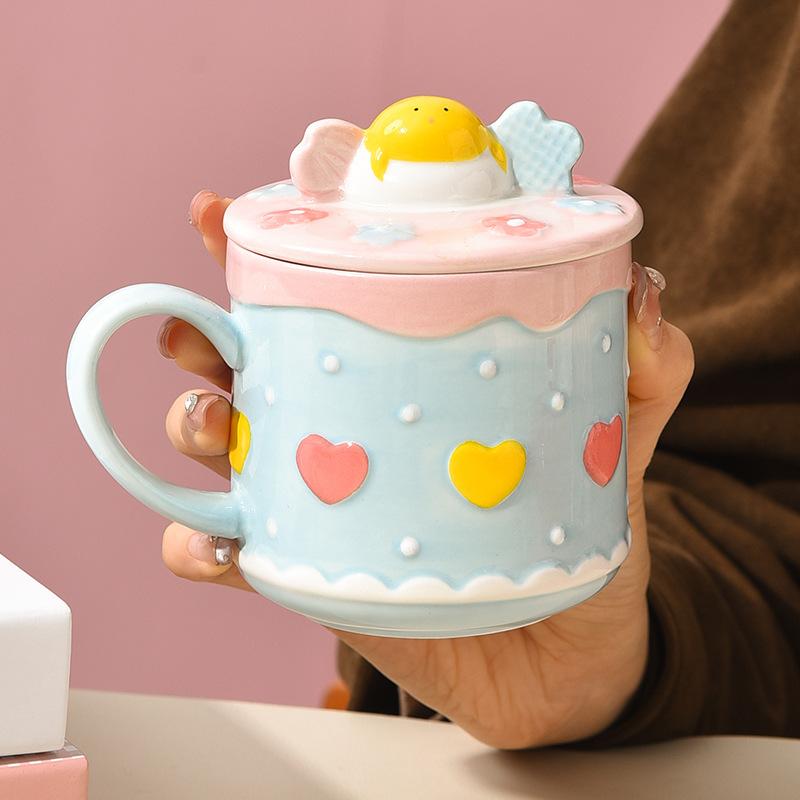 Cream Cake Mug Ceramic Water Cup with Lid Cup Cute Cartoon Girl Good-looking Bestie Birthday Gift