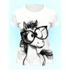 T-shirt Grafica da Donna Taglia Europea Anno del Cavallo - Carino Cavallo Cartoon con Occhiali e Design Capodanno Cinese, Maglietta Bianca Girocollo a Maniche Corte