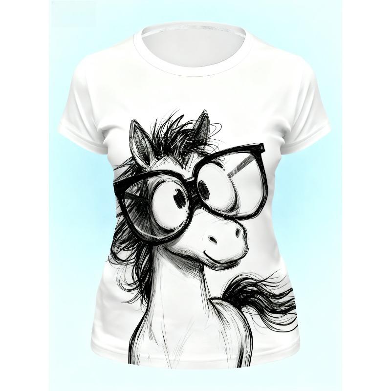 T-shirt Grafica da Donna Taglia Europea Anno del Cavallo - Carino Cavallo Cartoon con Occhiali e Design Capodanno Cinese, Maglietta Bianca Girocollo a Maniche Corte