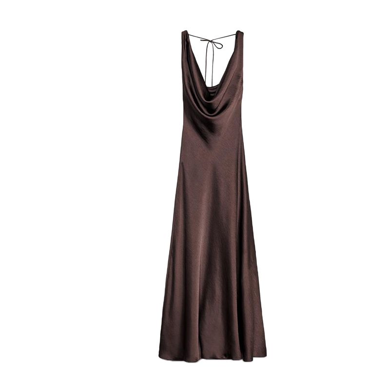 

Summer Women s Clothing A- line Asymmetric Hem Silk Satin Texture Long Dress 2590987 2590934 Brown L