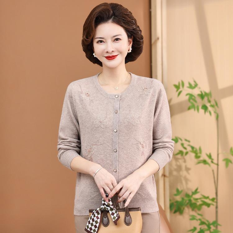 Thin Middle-aged Women's Outer Shirt Middle-aged and Elderly Women's Spring and Autumn Cardigan Mother Jacket Long-sleeved Top