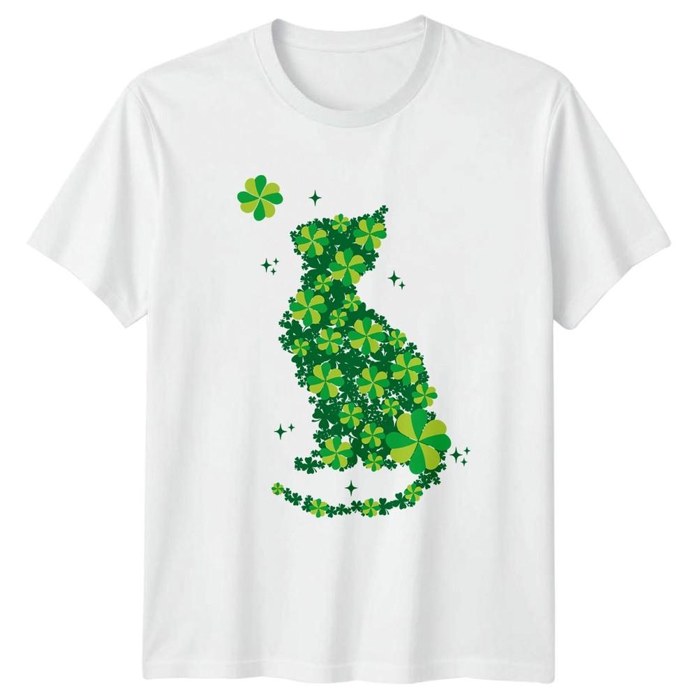 Cat Silhouette Made Of Green Clovers TShirt St Patricks Day Holiday S