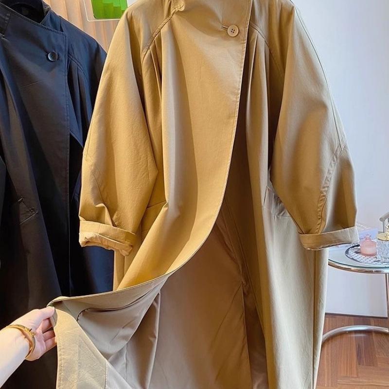 High End Stand Up Collar Outwear Spring Plus Size Women's Casual Loose Mid Long Windbreaker Lining Jacket Khaki Black Top