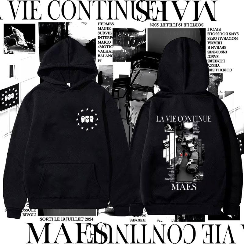 Rapper Maes La Vie Continue Album Grafik Hoodie Herren Damen Hip Hop Mode Popmusik Sweatshirt Herren Lässige Vintage Pullover