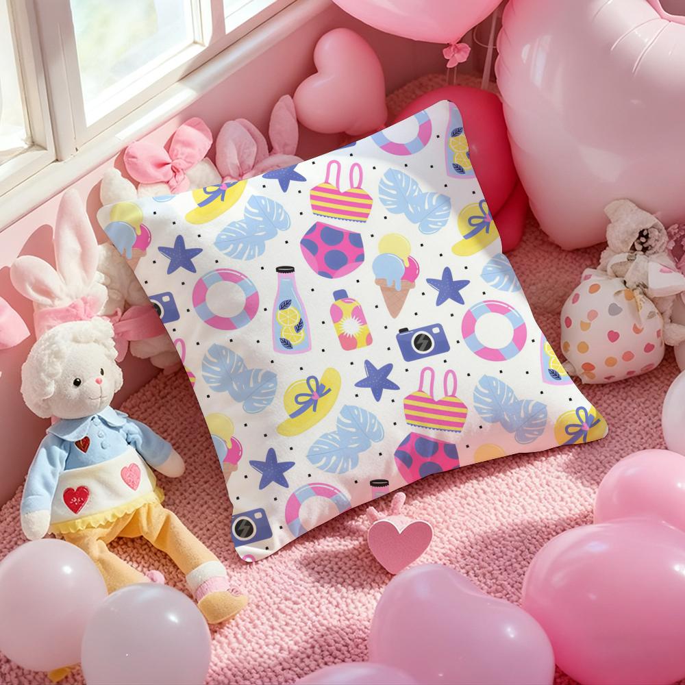 Summer vacation beach cartoon illustration Cushion Pattern Printed Pillowcase for Living Room Sofa Cushion Cover & Bedroom Decor