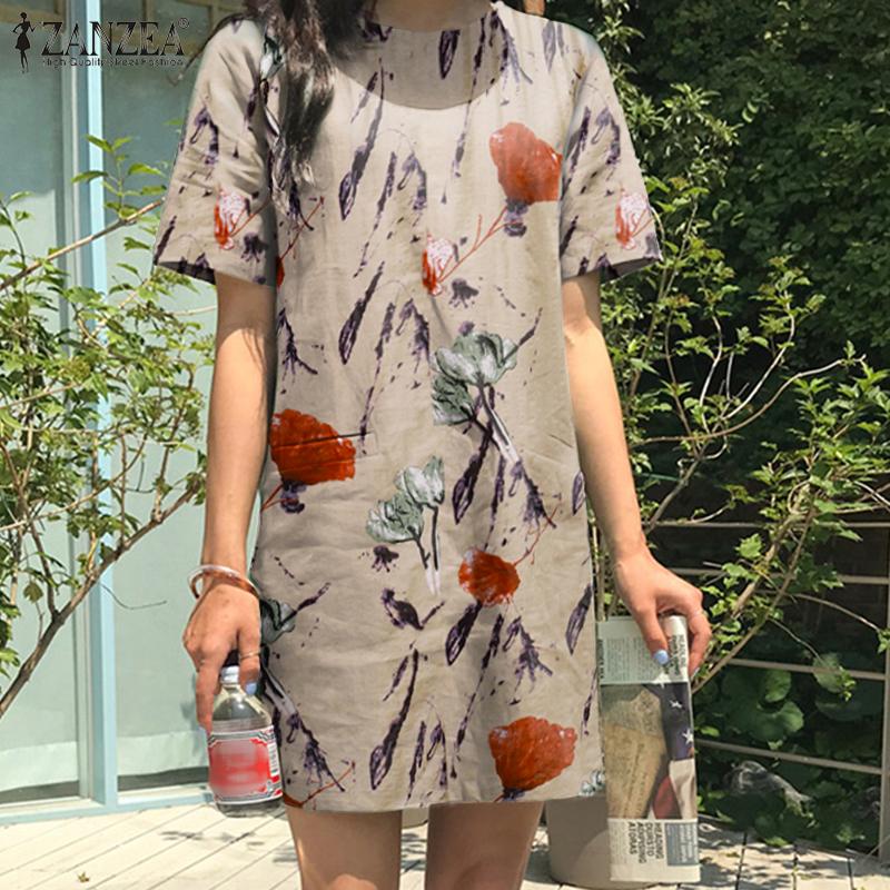

ZANZEA Women Summer Short Sleeve Baggy Floral Printed Dresses