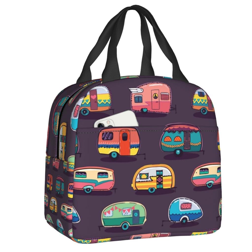 Colourful Vintage Caravans And Flowers Pattern Thermal Insulated Lunch Bags Women Happy Campers Portable Lunch Tote Food Box