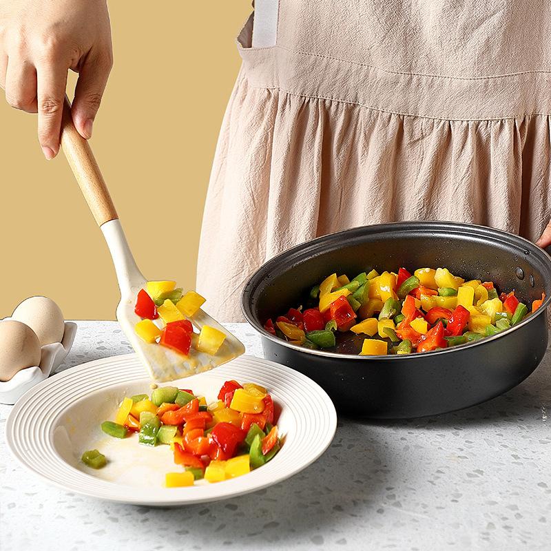 Non-stick pan silicone spatula special cooking spatula high temperature resistant solid wood handle frying spatula soup spoon kitchen cooking set