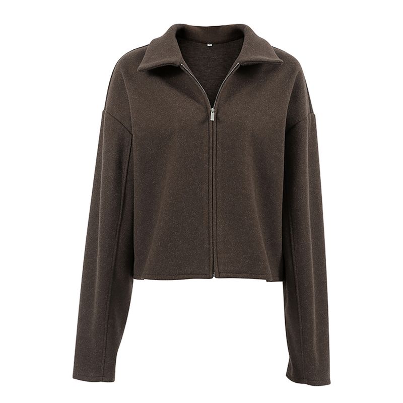 2024 Fall Winter Fashion Women's Outwear Lapel Long Sleeve Top Zipper Brown Women's Clothing Pure Color Thick Street