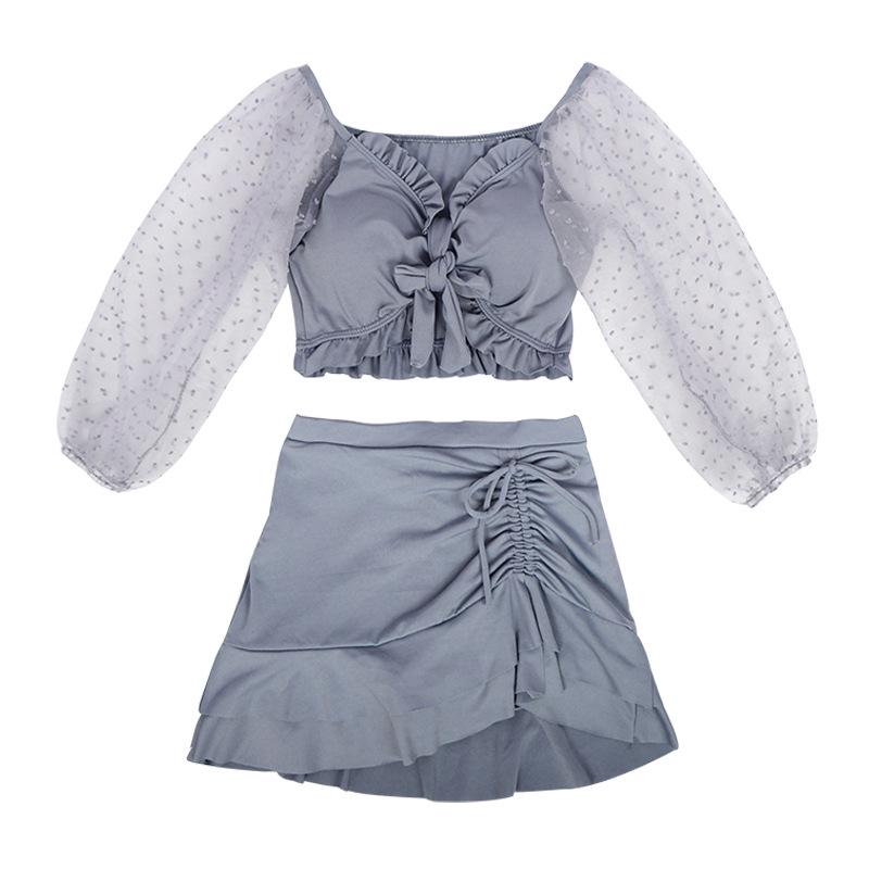 Women's 2024 Long Sleeve Bikini Set with Skirt - Slim Fit, Sexy, Large Size, Small Chest Gathered Design