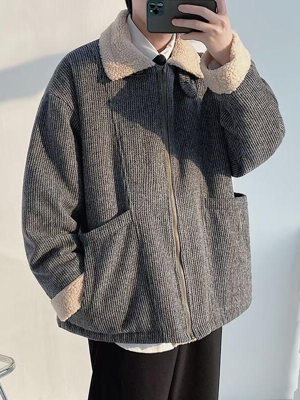 Herren Lammwolle Winterjacke, Samtgefütterter Wollmantel, Retro Amerikanischer Stil, Warme Streetwear Cool Reversjacke.