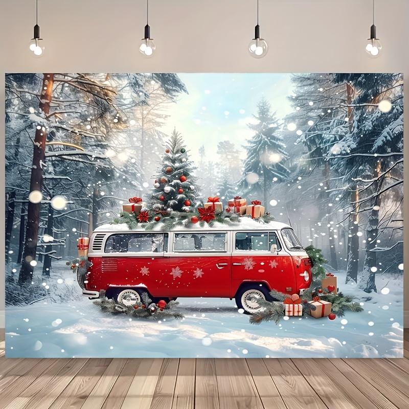 Red Retro Bus Christmas Background Winter Forest Scene and Gifts Universal Holiday Party Decoration